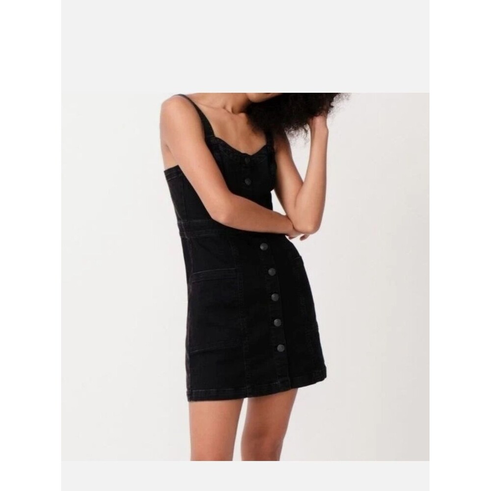 Dear John Black Denim Button-Front Mini Dress Sz S EUC Adjustable Straps Denim